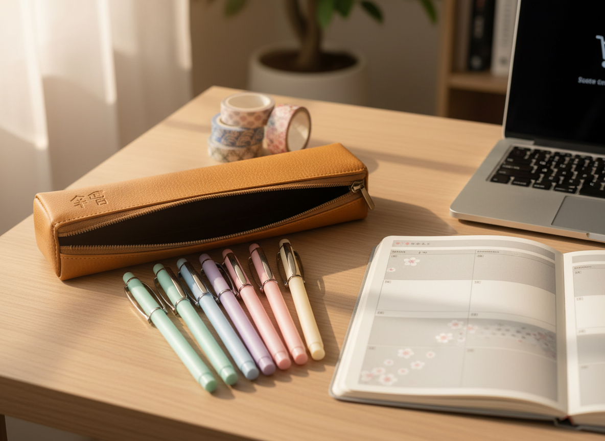 A cozy desktop scene showing an opened Japanese stationery set on a pale oak desk: a leather-textured pencil case stamped with subtle Japanese characters, smooth gel pens in pastel hues with fine tips, washi tapes in traditional patterns, and a slim planner decorated with minimalist cherry blossom graphics. A closed laptop to the side hints at online ordering. Soft morning light streams from a window on the left, producing warm highlights on metallic pen clips and gentle shadows under the objects. Photographic realism, captured from a slightly elevated angle with a shallow depth of field that keeps the main items crisp while the background softly fades. The mood is organized, creative, and aspirational, highlighting everyday Japanese goods that feel special yet practical.