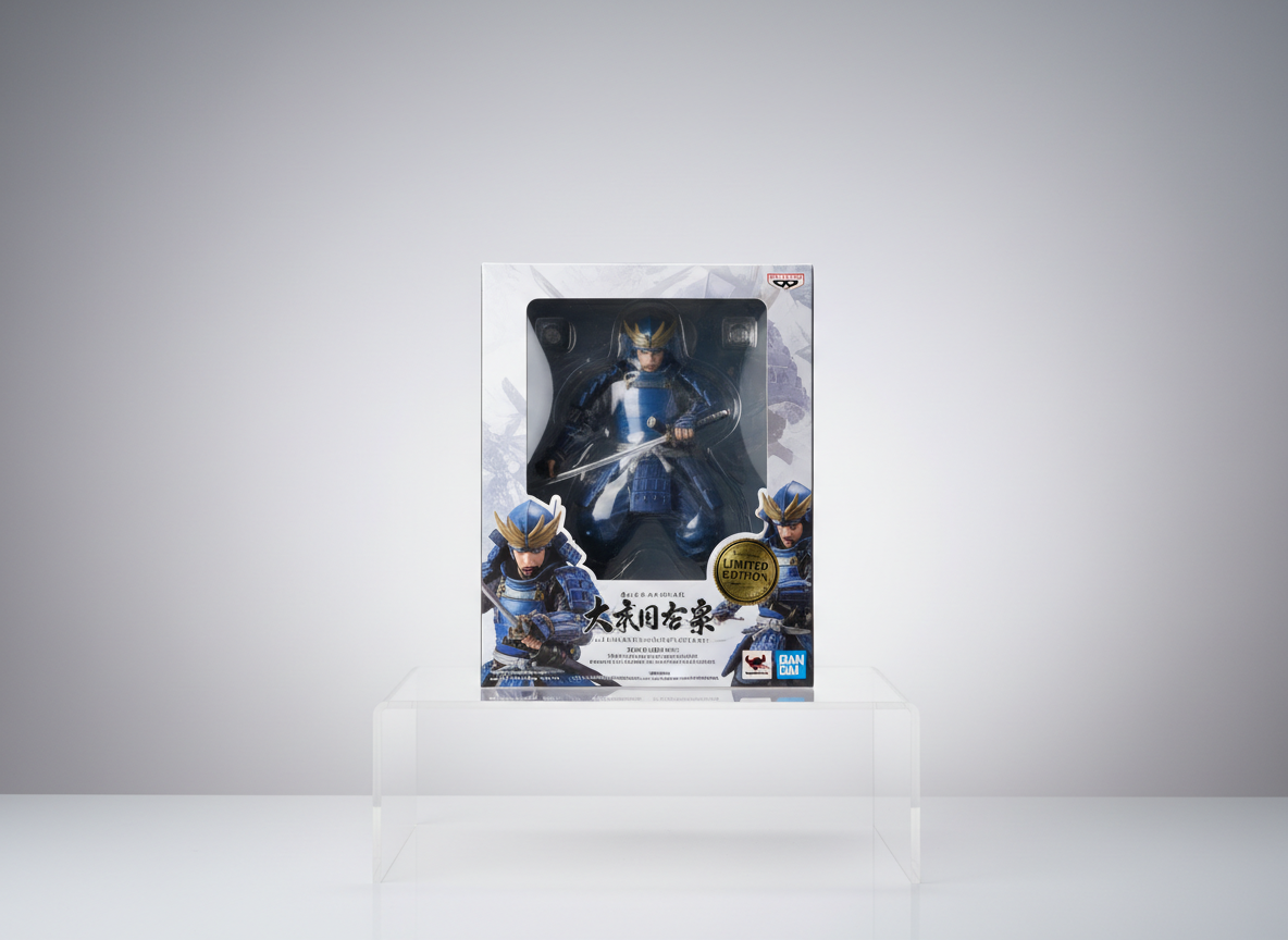 A minimalist product showcase featuring a single premium Japanese boxed figure centered on a reflective white acrylic platform. The box has crisp edges, high-resolution anime artwork, and a clear front window revealing the meticulously detailed figure inside. The background is a smooth light gray gradient with no distractions, evoking a studio showroom. Soft, controlled studio lighting from above and both sides eliminates harsh shadows, creating gentle specular highlights on the plastic and glossy print. Photographic realism, straight-on eye-level composition with symmetrical framing and sharp focus throughout. The mood is professional, high-end, and trustworthy, ideal for a product detail page emphasizing authenticity and quality presentation.